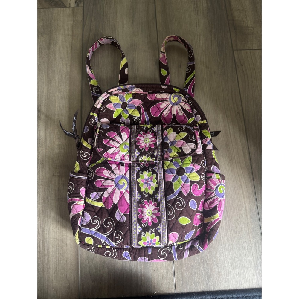 Vera Bradley Mini Backpack Quilted Cotton Purple Green Floral Brown Bag